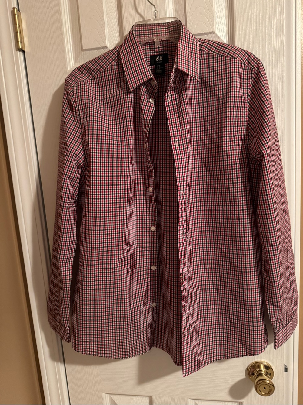 H&M Men’s Red and Black Micro-Check Button-Down Shirt